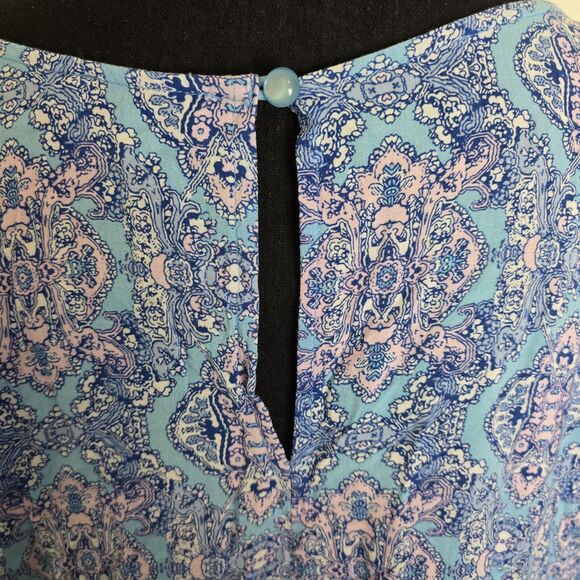 Marina Luna Blouse Plus Size 2X Blue Pink Damask Print Hi Low Hem Top SOLD ON EB - Picture 6 of 10